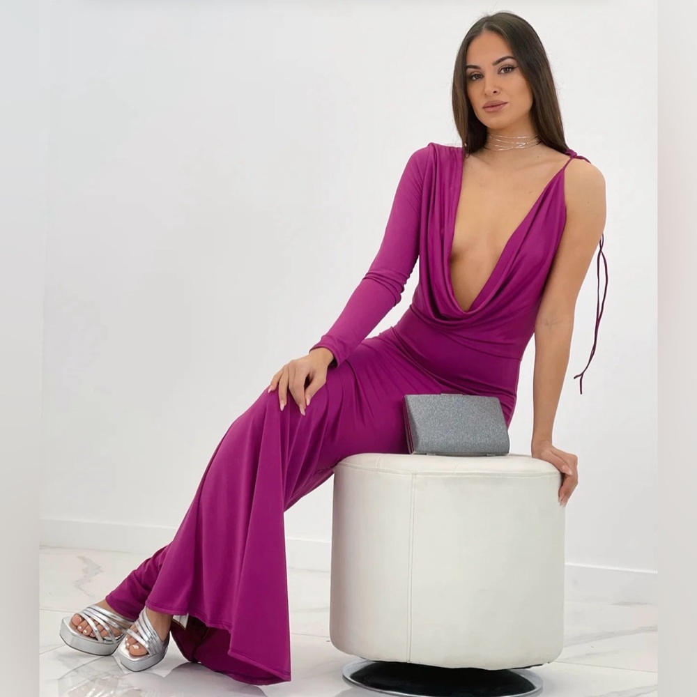 One-Shoulder Plunge Gown in Magenta by Sorellas